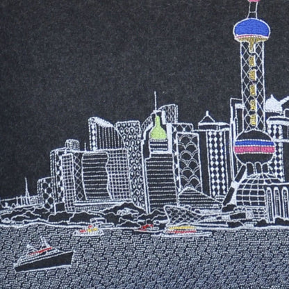 14" X 35" Dark Gray And White Shanghai Nighttime Skyline Lumbar Decorative Pillow