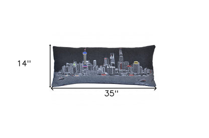 35" Black Shanghai Nighttime Skyline Lumbar Decorative Pillow