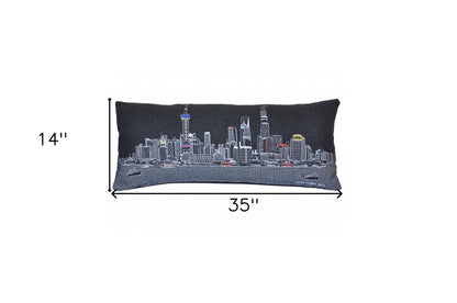 14" X 35" Dark Gray And White Shanghai Nighttime Skyline Lumbar Decorative Pillow