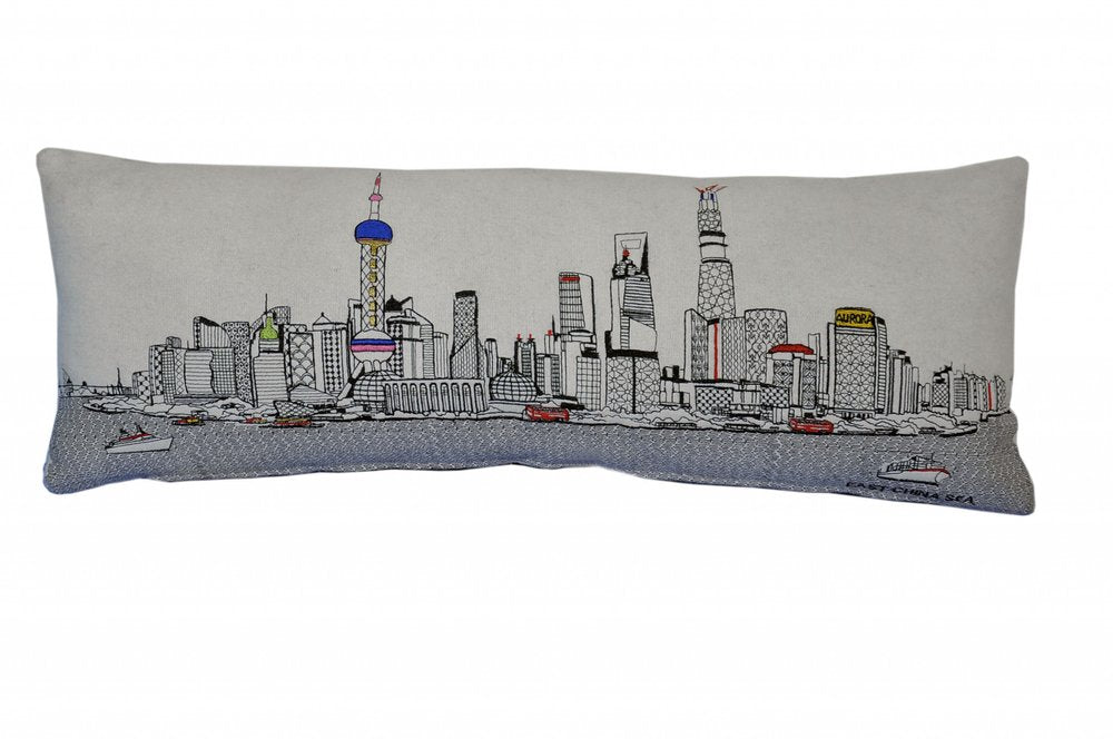 14" X 35" Cream Shanghai Daylight Skyline Lumbar Decorative Pillow
