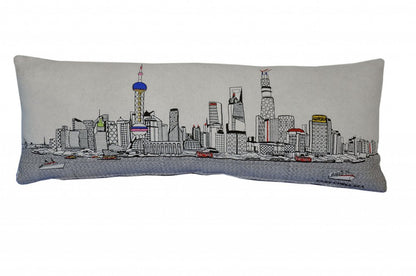14" X 35" Cream Shanghai Daylight Skyline Lumbar Decorative Pillow