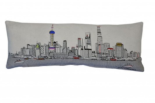 14" X 35" Cream Shanghai Daylight Skyline Lumbar Decorative Pillow