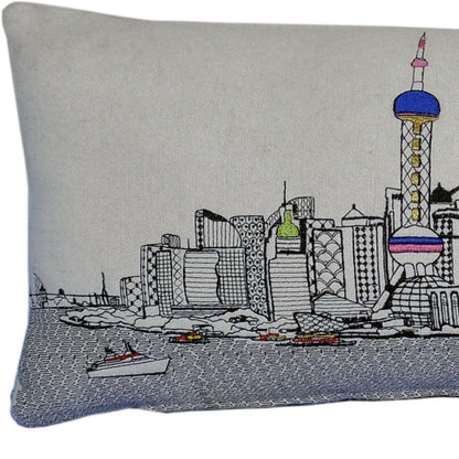 14" X 35" Cream Shanghai Daylight Skyline Lumbar Decorative Pillow