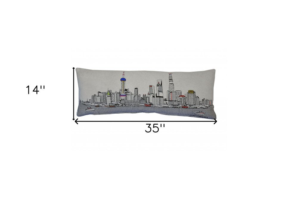 14" X 35" Cream Shanghai Daylight Skyline Lumbar Decorative Pillow