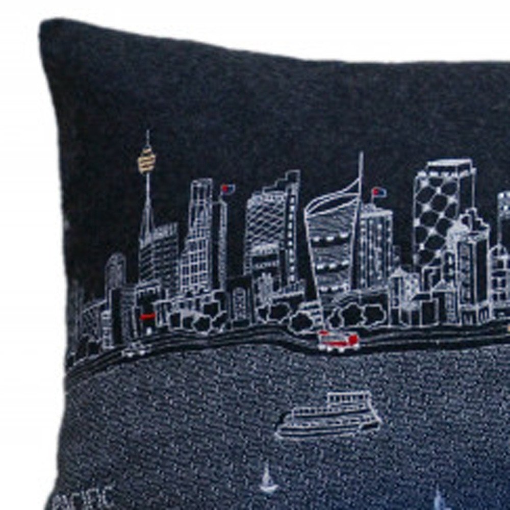 14" X 35" Dark Gray And White Sydney Nighttime Skyline Lumbar Decorative Pillow