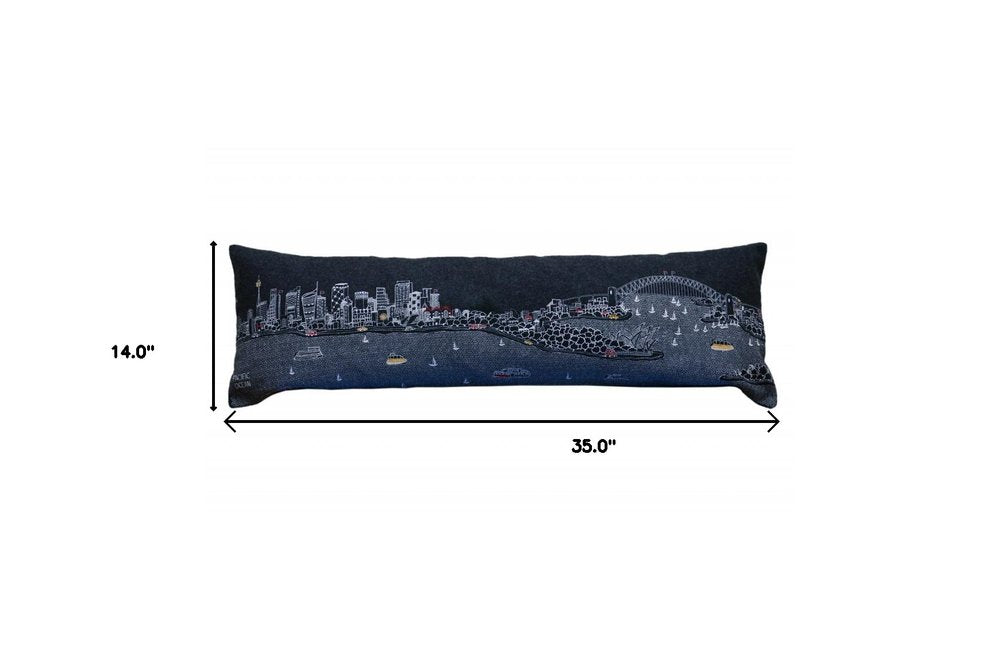 14" X 35" Dark Gray And White Sydney Nighttime Skyline Lumbar Decorative Pillow