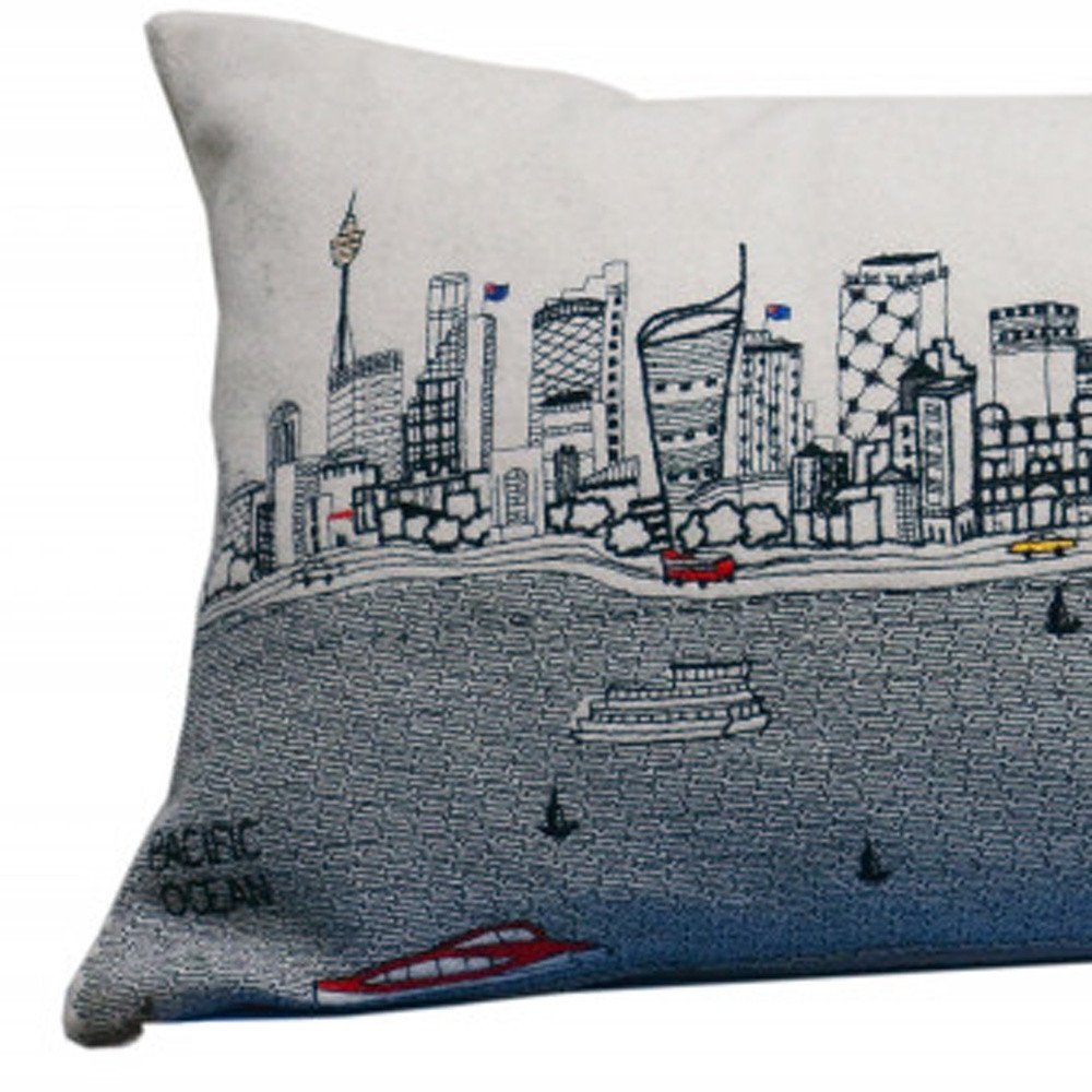 14" X 35" Cream Sydney Daylight Skyline Lumbar Decorative Pillow