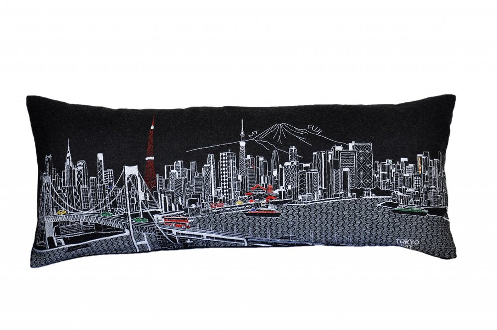 14" X 35" Dark Gray And White Tokyo Nighttime Skyline Lumbar Decorative Pillow