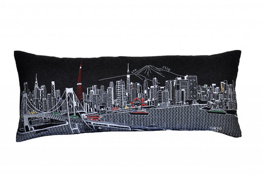 14" X 35" Dark Gray And White Tokyo Nighttime Skyline Lumbar Decorative Pillow