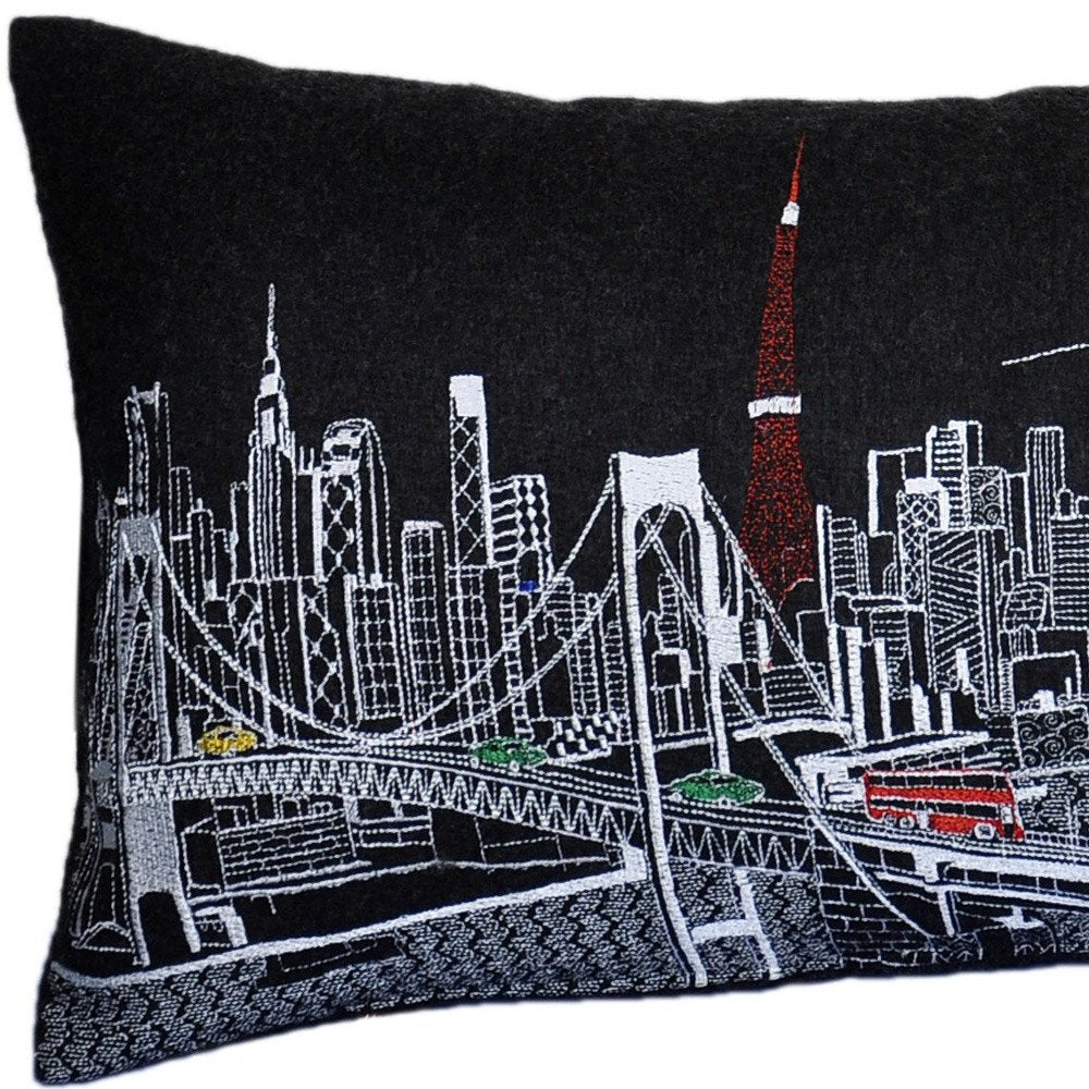 14" X 35" Dark Gray And White Tokyo Nighttime Skyline Lumbar Decorative Pillow