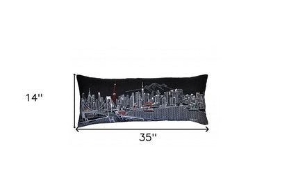 14" X 35" Dark Gray And White Tokyo Nighttime Skyline Lumbar Decorative Pillow