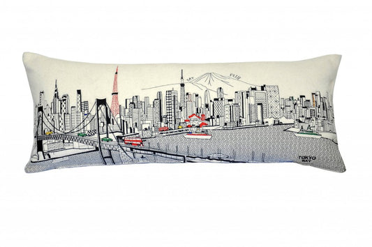 14" X 35" Cream Tokyo Daylight Skyline Lumbar Decorative Pillow