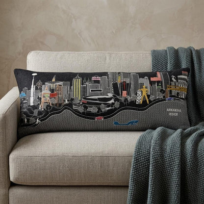 14" X 35" Dark Gray And White Tulsa Nighttime Skyline Lumbar Decorative Pillow