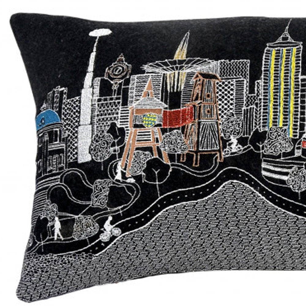 14" X 35" Dark Gray And White Tulsa Nighttime Skyline Lumbar Decorative Pillow