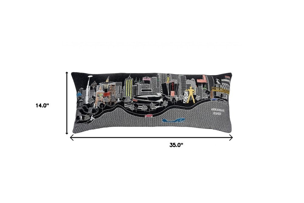 14" X 35" Dark Gray And White Tulsa Nighttime Skyline Lumbar Decorative Pillow