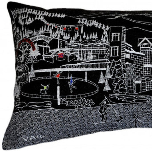 14" X 35" Dark Gray And White Vail Nighttime Skyline Lumbar Decorative Pillow