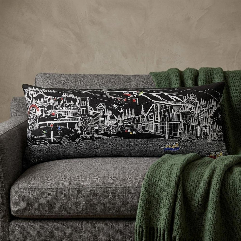 14" X 35" Dark Gray And White Vail Nighttime Skyline Lumbar Decorative Pillow