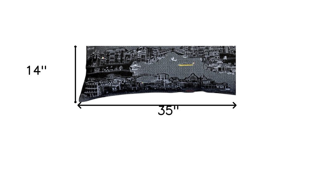 14" X 35" Dark Gray And White Venice Nighttime Skyline Lumbar Decorative Pillow