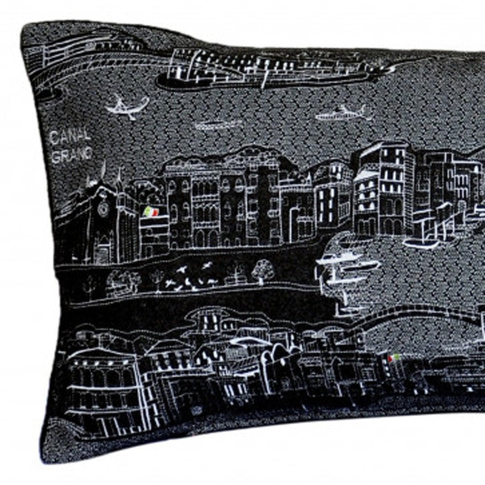 14" X 35" Dark Gray And White Venice Nighttime Skyline Lumbar Decorative Pillow