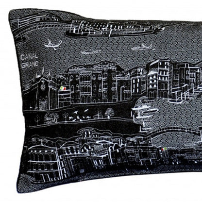 14" X 35" Dark Gray And White Venice Nighttime Skyline Lumbar Decorative Pillow