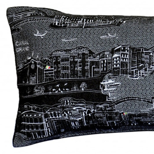 14" X 35" Dark Gray And White Venice Nighttime Skyline Lumbar Decorative Pillow
