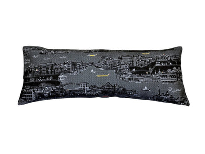 14" X 35" Dark Gray And White Venice Nighttime Skyline Lumbar Decorative Pillow