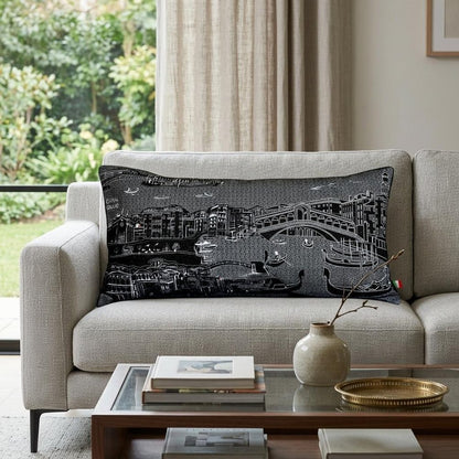 14" X 35" Dark Gray And White Venice Nighttime Skyline Lumbar Decorative Pillow