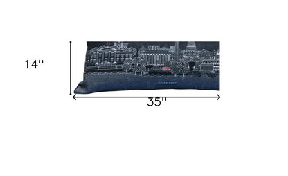 14" X 35" Dark Gray And White Washington DC Nighttime Skyline Lumbar Decorative Pillow