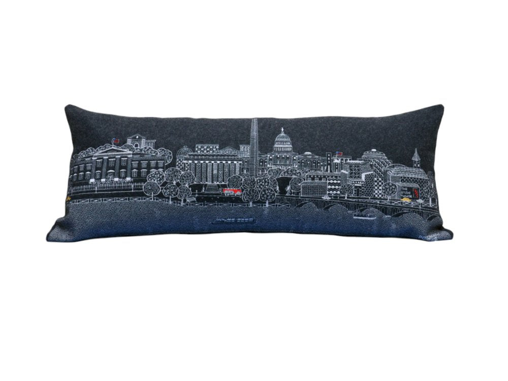 14" X 35" Dark Gray And White Washington DC Nighttime Skyline Lumbar Decorative Pillow