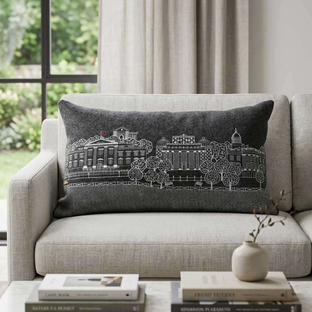 14" X 35" Dark Gray And White Washington DC Nighttime Skyline Lumbar Decorative Pillow