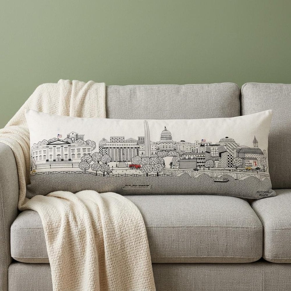 14" X 35" Cream Washington DC Daylight Skyline Lumbar Decorative Pillow