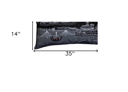 14" X 35" Dark Gray And White Wichita Nighttime Skyline Lumbar Decorative Pillow