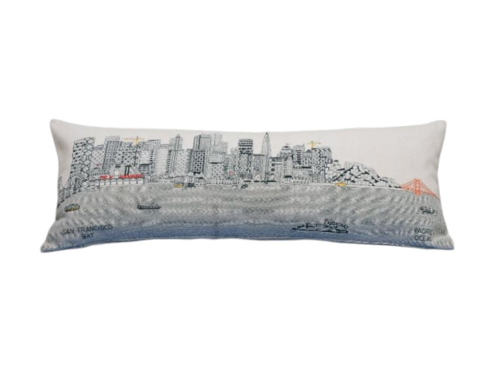 14" X 35" Cream San Francisco Daylight Skyline Lumbar Decorative Pillow