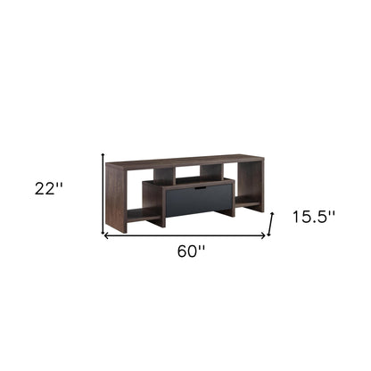 60" Walnut Oak And Black Manufactured Wood Cabinet Enclosed Storage TV Stand