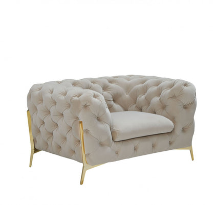 50" Beige Tufted Velvet And Gold Solid Color Lounge Chair