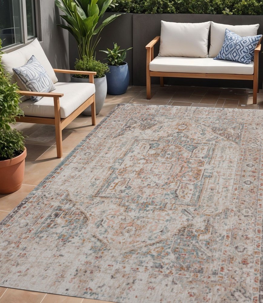 5' X 8' Beige Abstract Stain Resistant Indoor Outdoor Area Rug