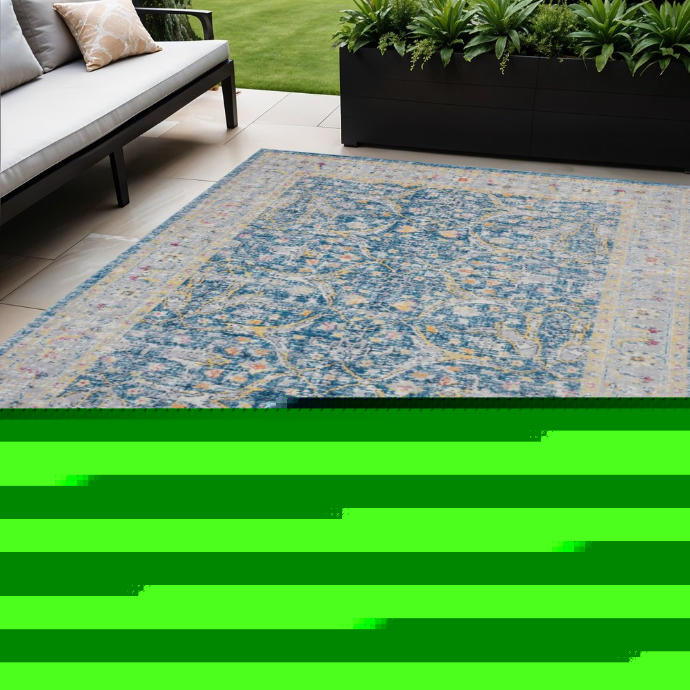 5' X 8' Blue Floral Stain Resistant Indoor Outdoor Area Rug