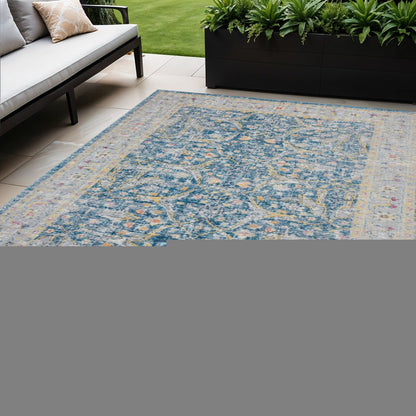 5' X 8' Blue Floral Stain Resistant Indoor Outdoor Area Rug