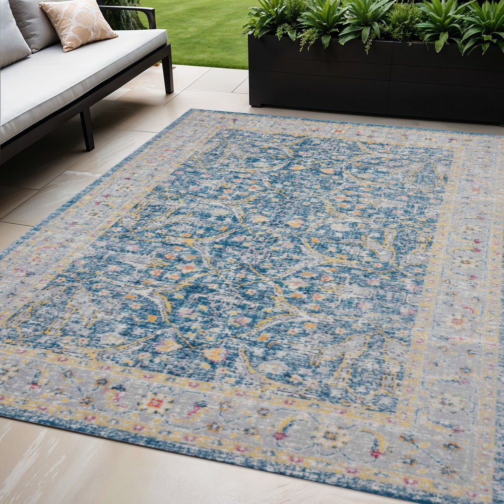 5' X 8' Blue Floral Stain Resistant Indoor Outdoor Area Rug