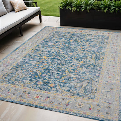 5' X 8' Blue Floral Stain Resistant Indoor Outdoor Area Rug