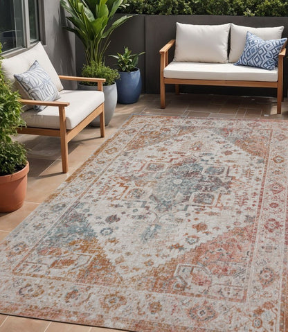 5' X 8' Beige Abstract Stain Resistant Indoor Outdoor Area Rug