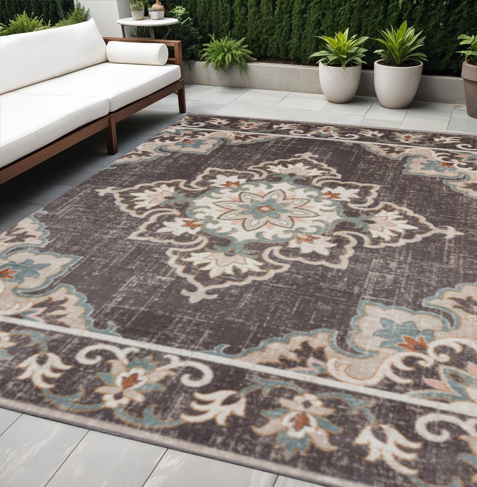 5' X 8' Brown Floral Stain Resistant Indoor Outdoor Area Rug