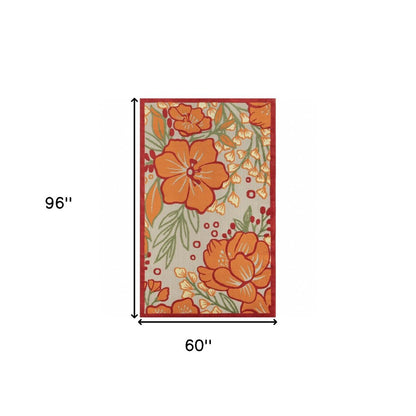5' X 8' Orange And Ivory Handmade Indoor Outdoor Area Rug