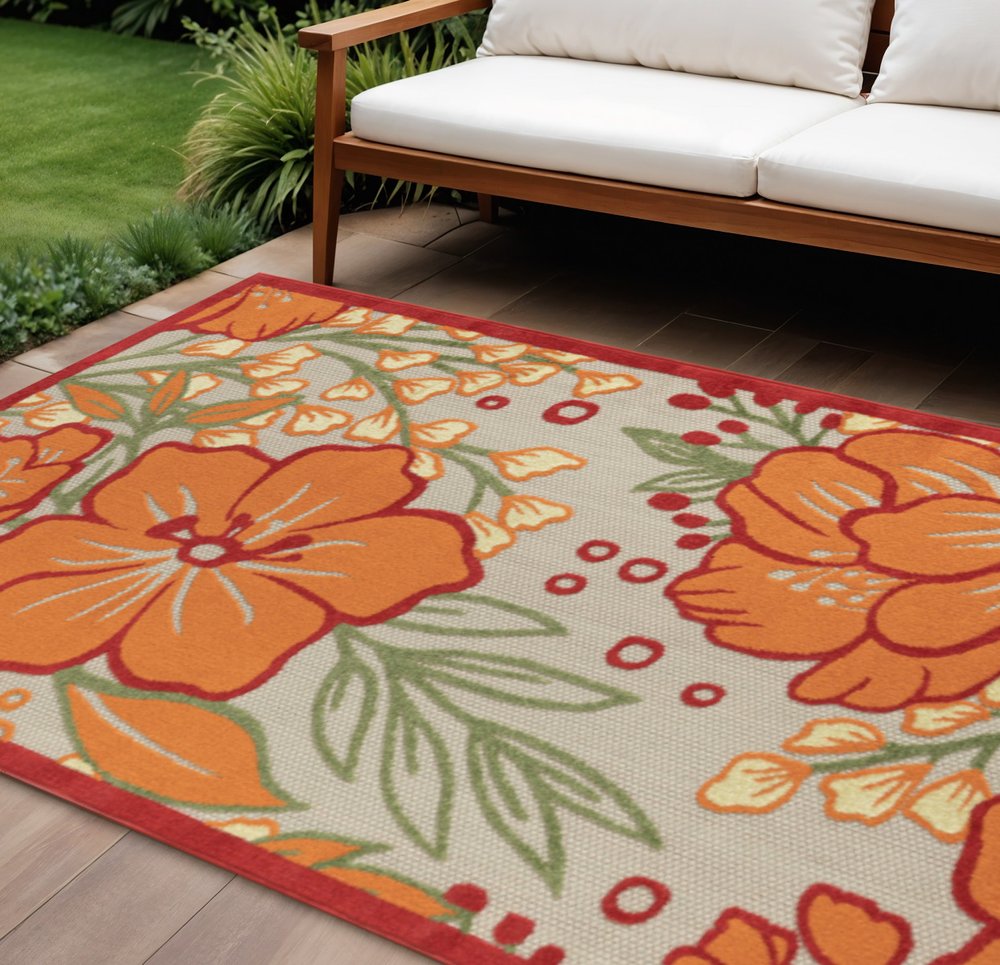 8' X 10' Orange And Ivory Indoor Outdoor Area Rug