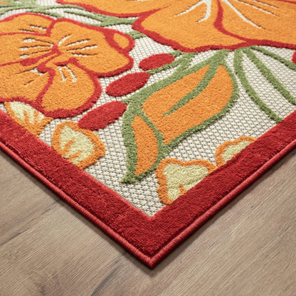 8' X 10' Orange And Ivory Indoor Outdoor Area Rug