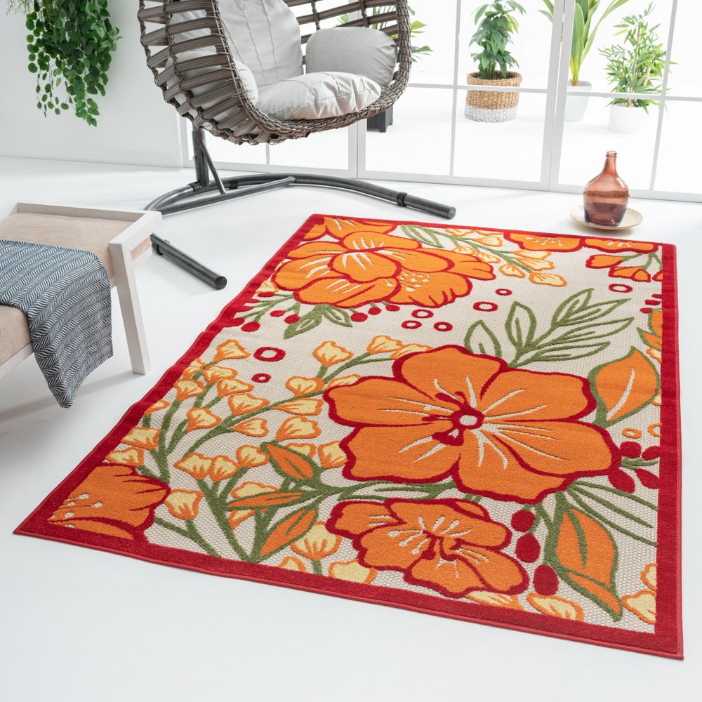 8' X 10' Orange And Ivory Indoor Outdoor Area Rug
