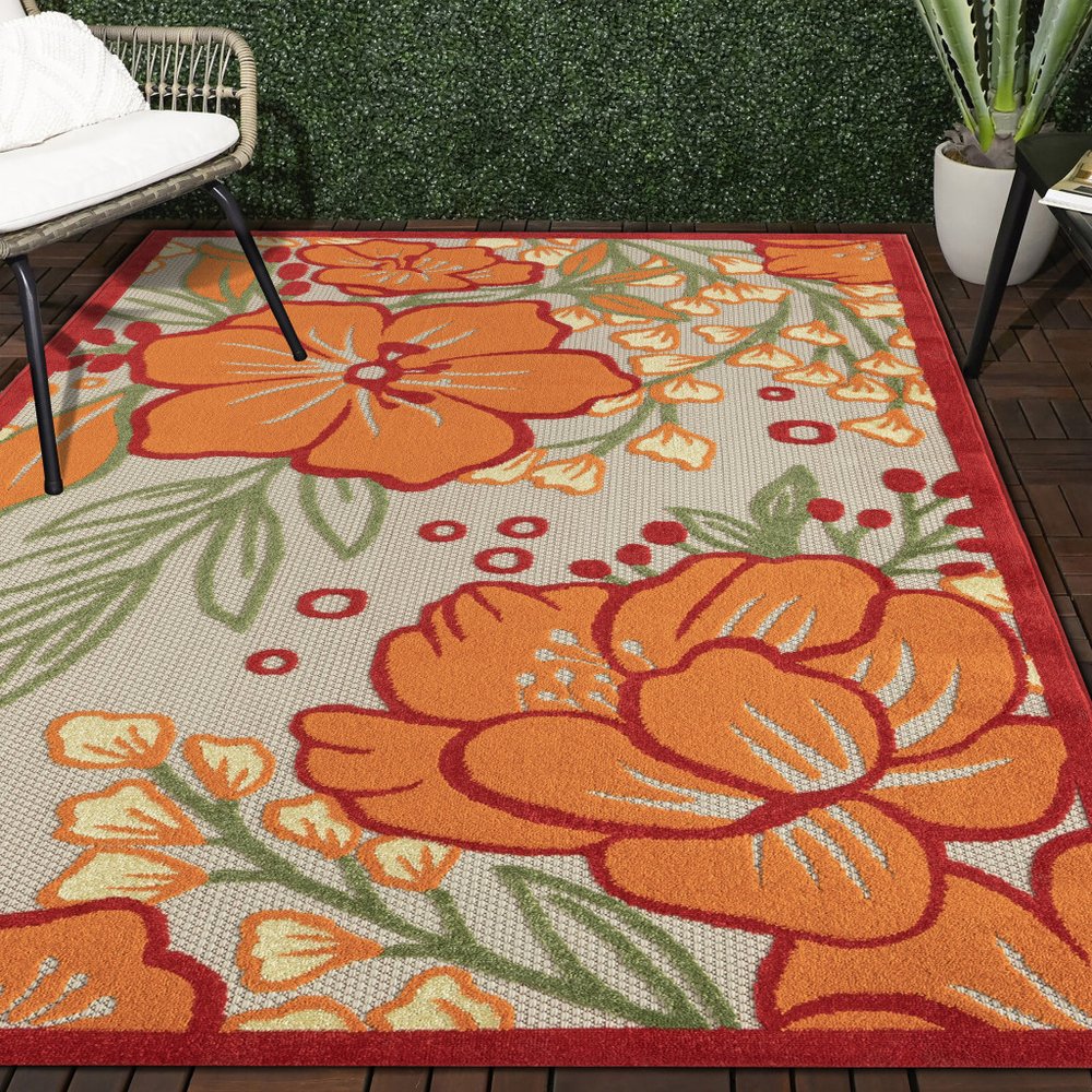 8' X 10' Orange And Ivory Indoor Outdoor Area Rug