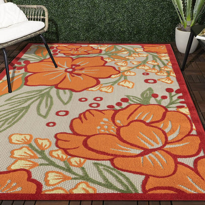 8' X 10' Orange And Ivory Indoor Outdoor Area Rug