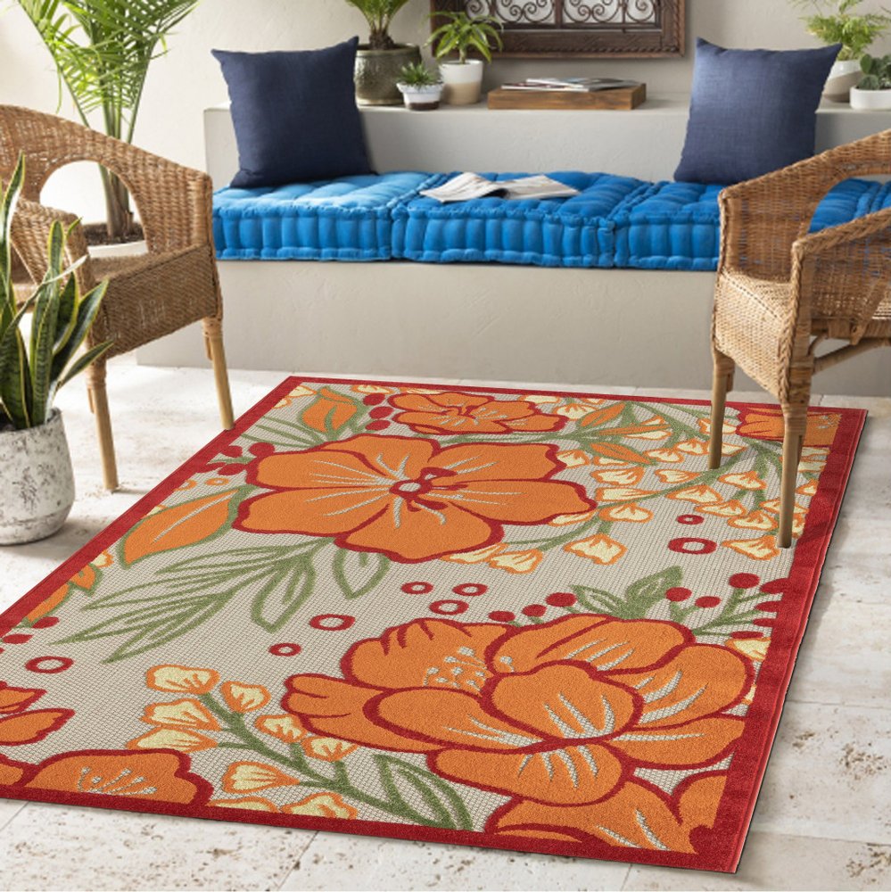8' X 10' Orange And Ivory Indoor Outdoor Area Rug