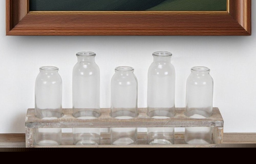 Set of Five Clear Cylinder Glass Decorative Bottles